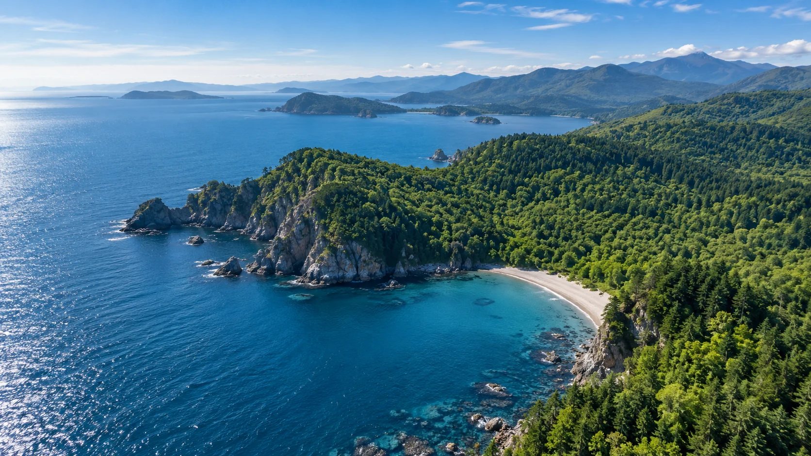 Синее море, лесистый мыс и бухта